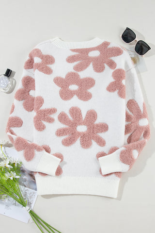 White 60s Vintage Flower Print Loose Sweater Drop Shoulders