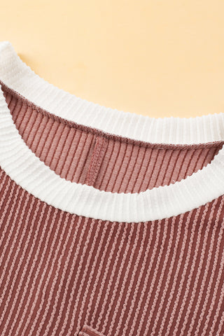 Rose Red Rib Textured Colorblock Contrast Pocket T Shirt Dress - Alleure