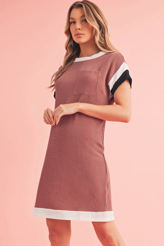 Rose Red Rib Textured Colorblock Contrast Pocket T Shirt Dress - Alleure