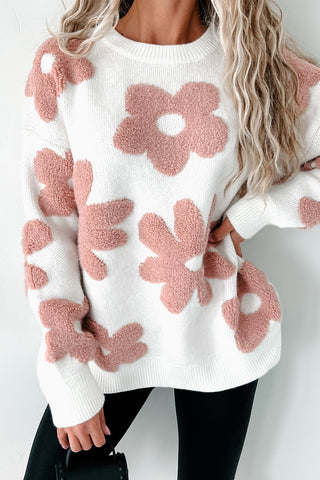 White 60s Vintage Flower Print Loose Sweater Drop Shoulders