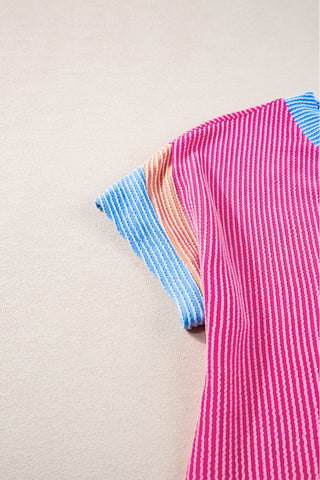 Rose Red Rib Textured Colorblock Contrast Pocket T Shirt Dress - Alleure