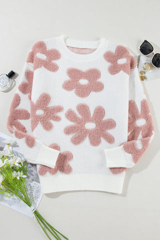 White 60s Vintage Flower Print Loose Sweater Drop Shoulders