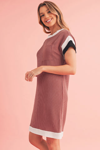 Rose Red Rib Textured Colorblock Contrast Pocket T Shirt Dress - Alleure