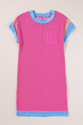 Rose Red Rib Textured Colorblock Contrast Pocket T Shirt Dress - Alleure
