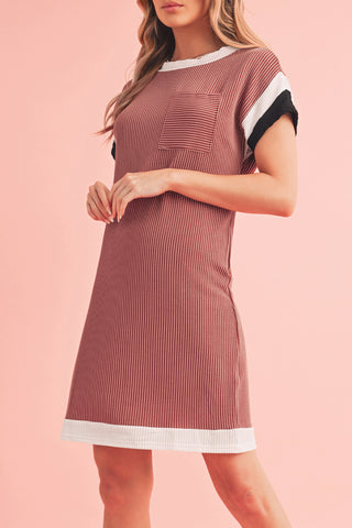 Rose Red Rib Textured Colorblock Contrast Pocket T Shirt Dress - Alleure