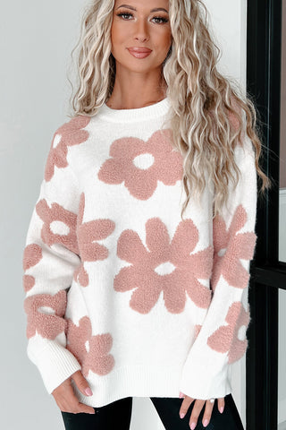 White 60s Vintage Flower Print Loose Sweater Drop Shoulders