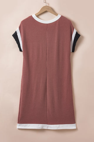 Rose Red Rib Textured Colorblock Contrast Pocket T Shirt Dress - Alleure