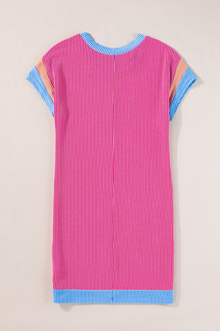 Rose Red Rib Textured Colorblock Contrast Pocket T Shirt Dress - Alleure