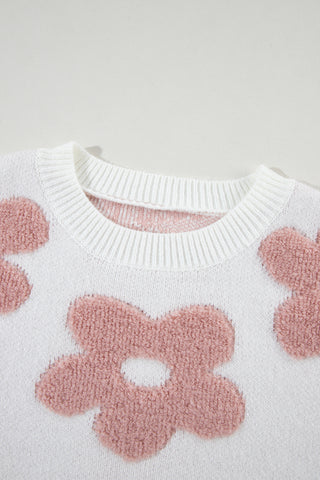 White 60s Vintage Flower Print Loose Sweater Drop Shoulders