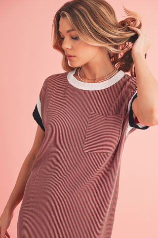 Rose Red Rib Textured Colorblock Contrast Pocket T Shirt Dress - Alleure