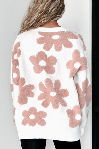 White 60s Vintage Flower Print Loose Sweater Drop Shoulders