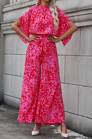 Pink & Red Leopard Print Wide Leg Jumpsuit with Tulip Sleeves & Belt