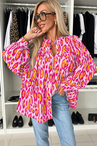 Light French Beige Leopard Print Balloon Sleeve Loose Blouse