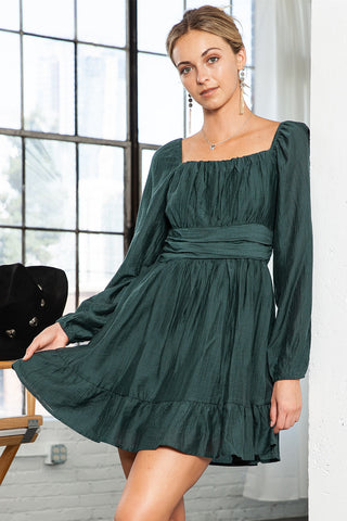 Black Solid Color Flounce Hem A -Line Square Neck Dress - Alleure