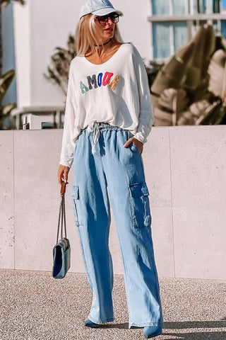Blue Drawstring High Waist Wide Leg Jeans