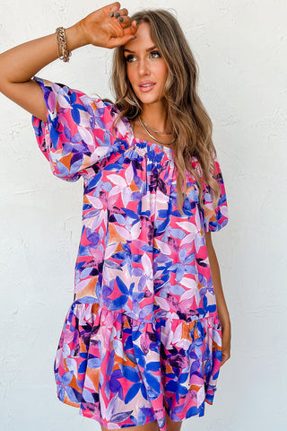 Purple Flower Print Short Puff Sleeve Ruffle Mini Dress - Alleure