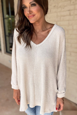 Waffle Knit Loose Fit V Neck Top - 3 Colors
