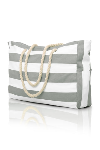 Grass Green Striped Rope Handle Canvas Large Tote Bag - Alleure