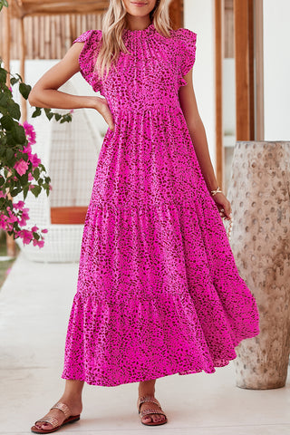 Rose Red Leopard Print Ruffle Sleeveless Maxi Dress - Alleure