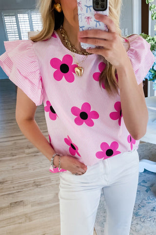 Stripe Blouse Flutter Sleeves Flower Imprint - 2 Colors