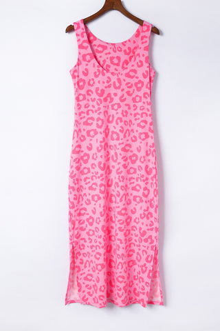 Rosy Casual Leopard Print Side Slits Sleeveless Dress - Alleure