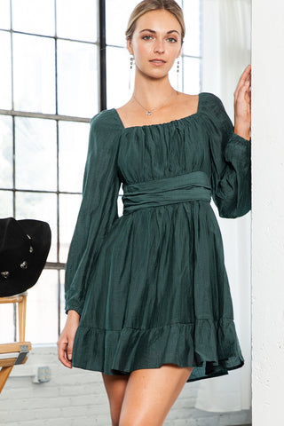 Black Solid Color Flounce Hem A -Line Square Neck Dress - Alleure