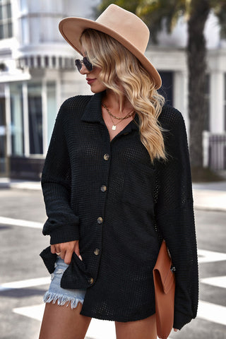 Brown Pocket Buttons Front Waffle Knit Shacket