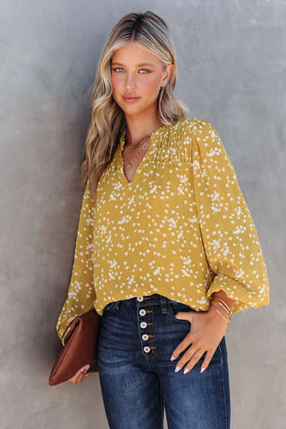 Yellow Boho Crinkled Blouse with Frill Neckline