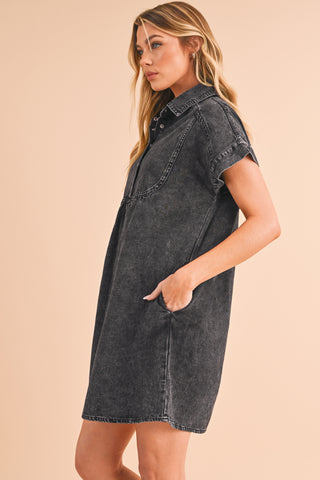 Wholesale Black Vintage Snap Buttoned Mini Denim Dress - Alleure