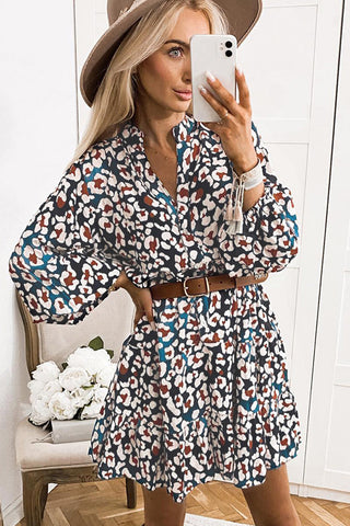 Blue Leopard Print Bubble Sleeve Ruffled Shirt Dress - Alleure