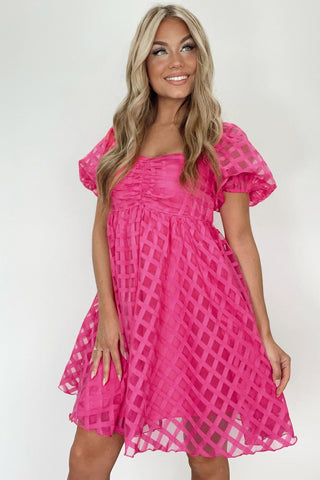 Strawberry Pink Checkered Puff Sleeve Babydoll Dress - Alleure