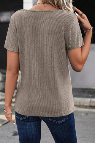 V Neck Strap & Button Detail Ribbed Tee