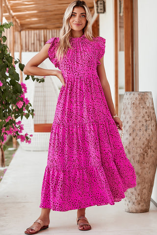 Rose Red Leopard Print Ruffle Sleeveless Maxi Dress - Alleure