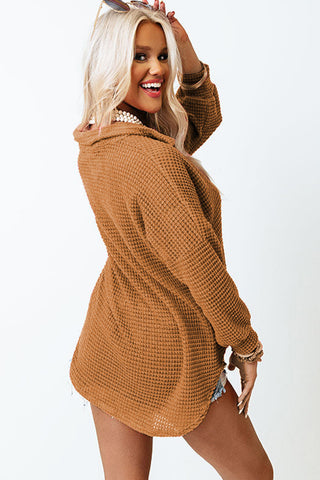 Brown Pocket Buttons Front Waffle Knit Shacket