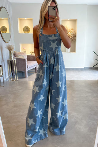 Wide Leg Denim Overalls with Star Pattern
