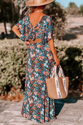 Sky Blue Boho Floral Print Knotted Backless Maxi Dress - Alleure