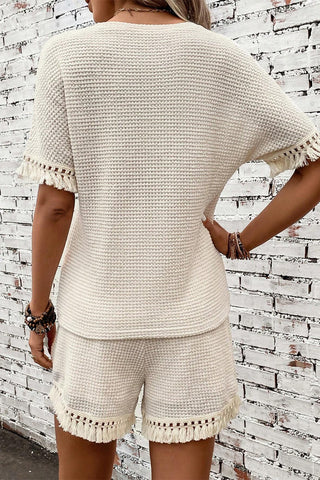 Fringe Trim Waffle Knit Textured Shorts Set - 3 Colors