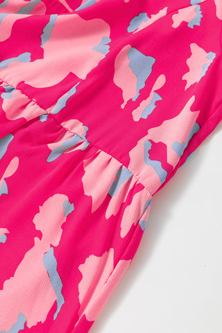 Pink Abstract Print Dress V Neck Shirred Sleeves