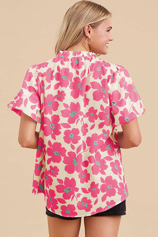 Floral Blouse with Puff Sleeves Frill Neckline