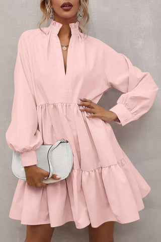 Pink Casual Stand V Neck Short Frill Dress - Alleure