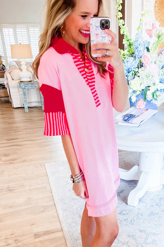 White Stripe Colorblock Sleeve Collared Short Dress