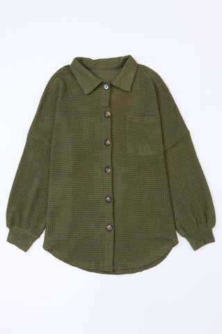 Brown Pocket Buttons Front Waffle Knit Shacket