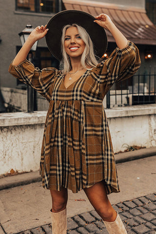 Wholesale Brown Plaid Pattern Empire Waist Babydoll Dress - Alleure