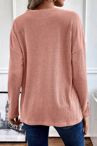 Ribbed Knit Long Sleeve Henley Top - 3 Colors