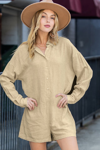 Beige Long Sleeve Shorts Romper