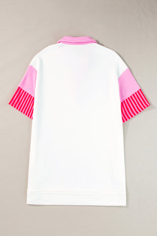 White Stripe Colorblock Sleeve Collared Short Dress