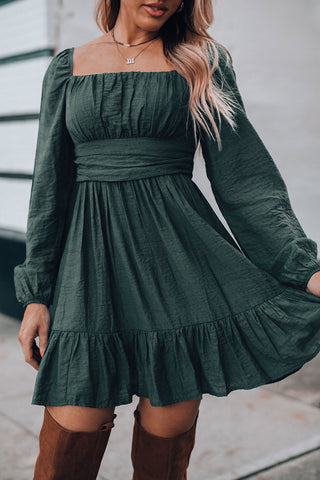 Black Solid Color Flounce Hem A -Line Square Neck Dress - Alleure