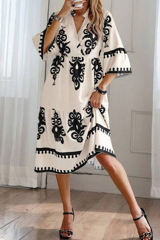 Ethnic Print 3/4 Sleeve Loose Fit Midi - 2 Colors