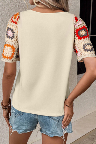 Boho T Shirt Crochet Sleeves- 6 Colors