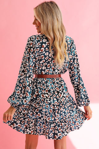 Blue Leopard Print Bubble Sleeve Ruffled Shirt Dress - Alleure